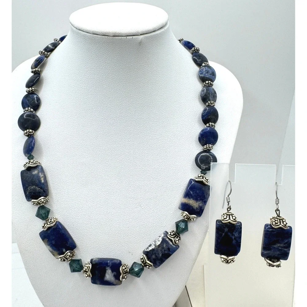Blue Sodalite Stone Necklace Earring Set Silver Tone Beaded Statement Artisan